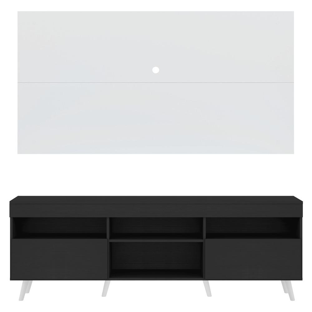 Rack com Painel TV 65" Londres Multimóveis Pés Retrô e 2 portas Preto/Branco/Branco