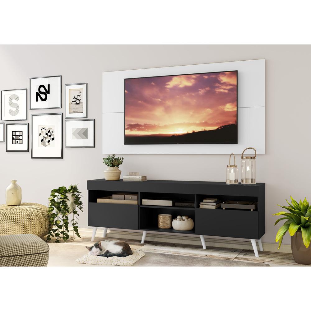 Rack com Painel TV 65" Londres Multimóveis Pés Retrô e 2 portas Preto/Branco/Branco