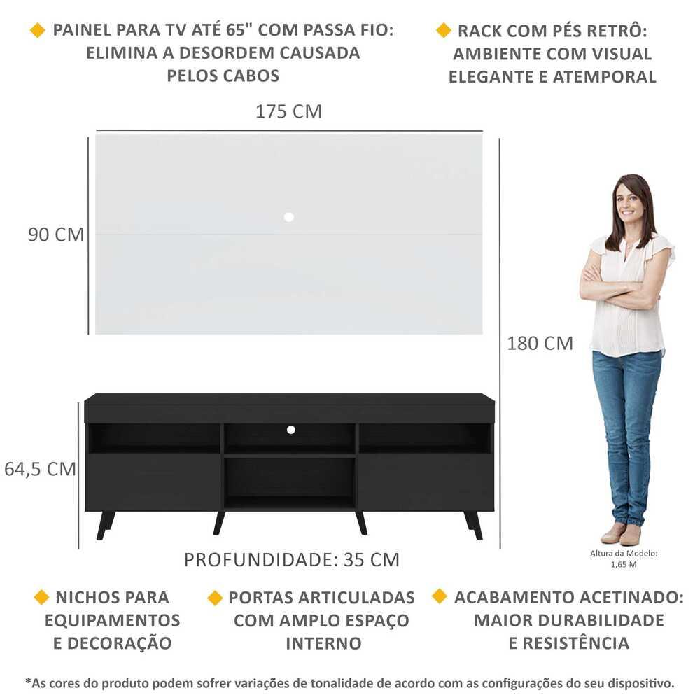 Rack com Painel TV 65" Londres Multimóveis Pés Retrô e 2 portas Preto/Branco/Preto