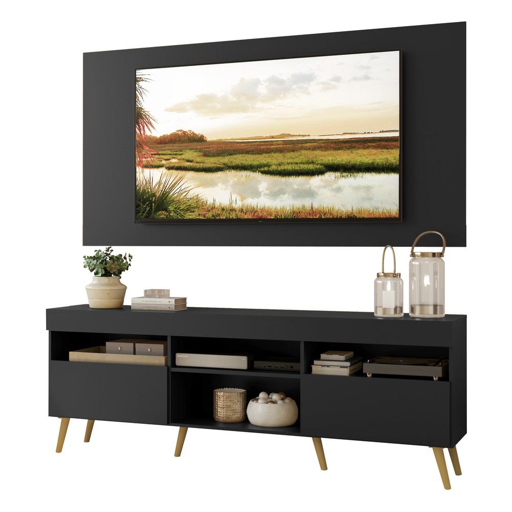 Rack com Painel TV 65" Londres Multimóveis Pés Retrô e 2 portas Preto/Natural