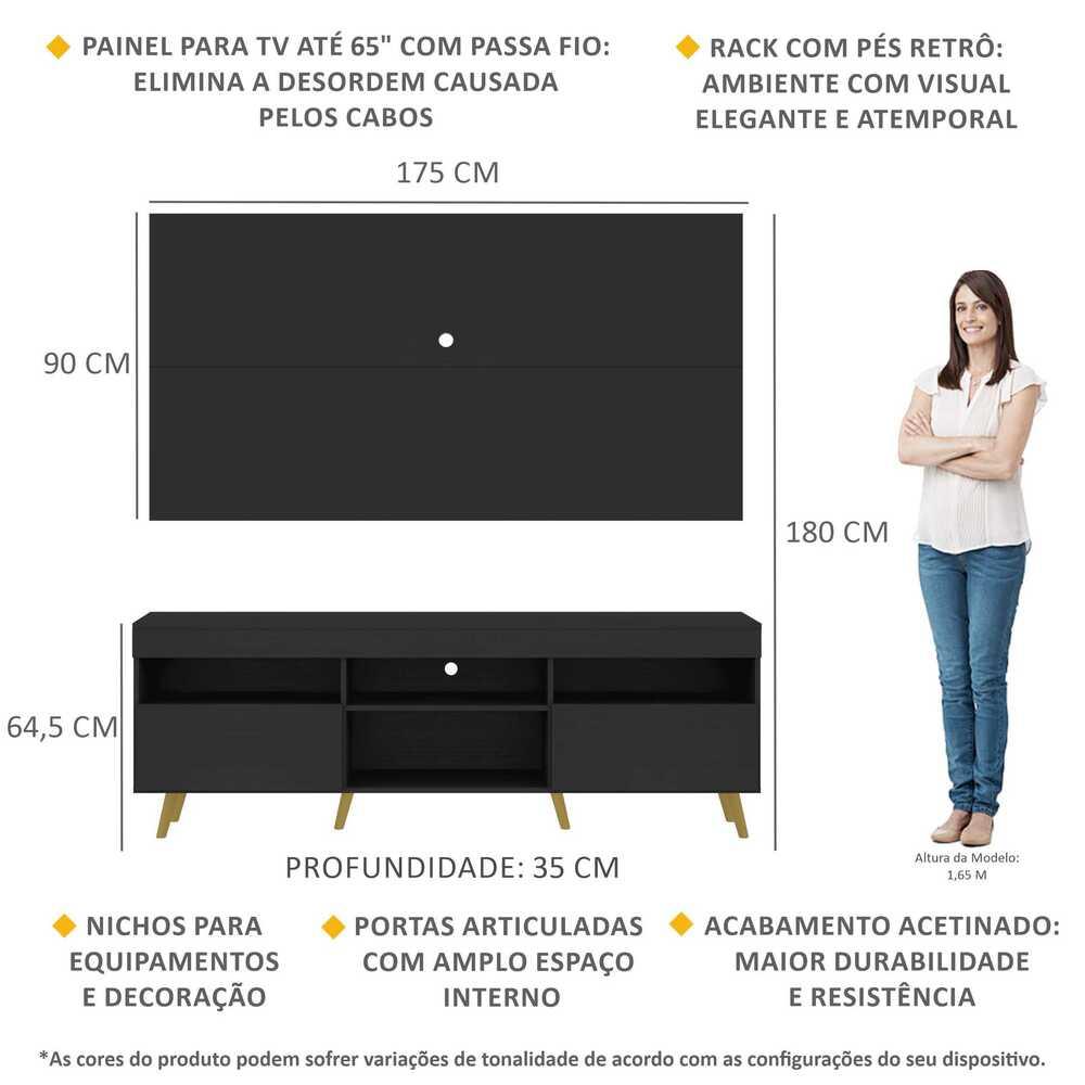 Rack com Painel TV 65" Londres Multimóveis Pés Retrô e 2 portas Preto/Natural