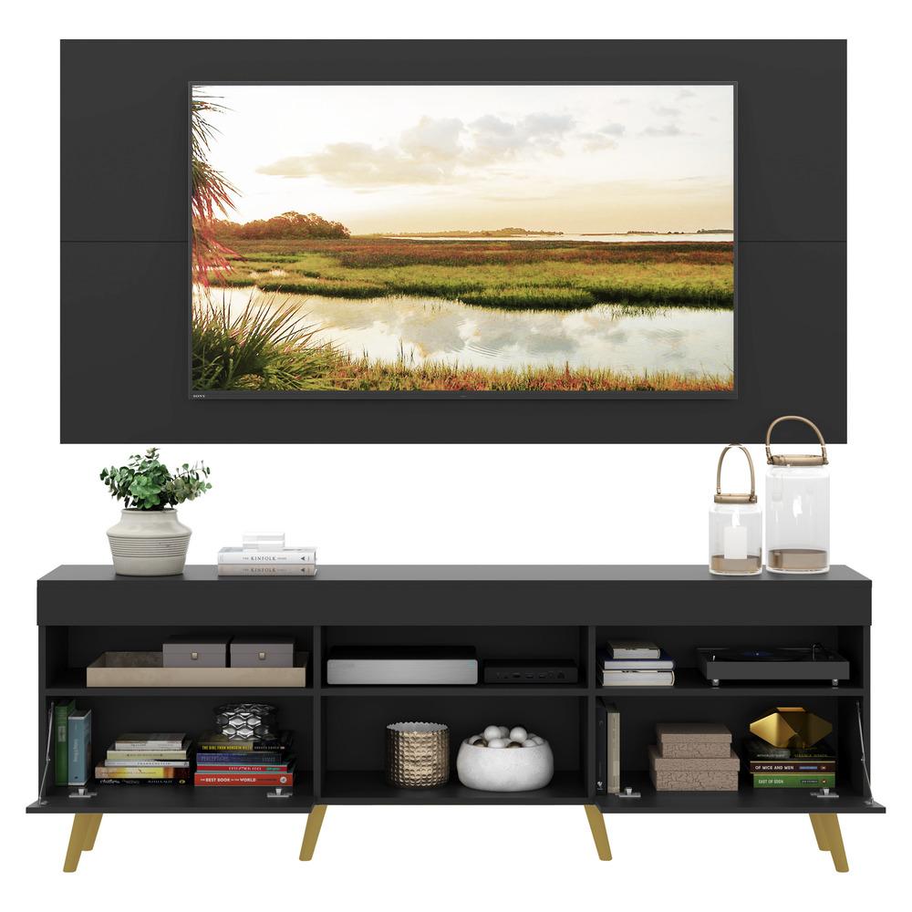 Rack com Painel TV 65" Londres Multimóveis Pés Retrô e 2 portas Preto/Natural
