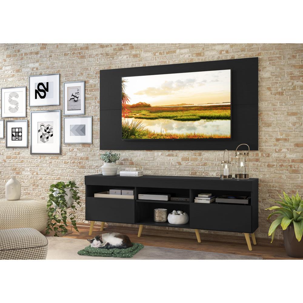 Rack com Painel TV 65" Londres Multimóveis Pés Retrô e 2 portas Preto/Natural