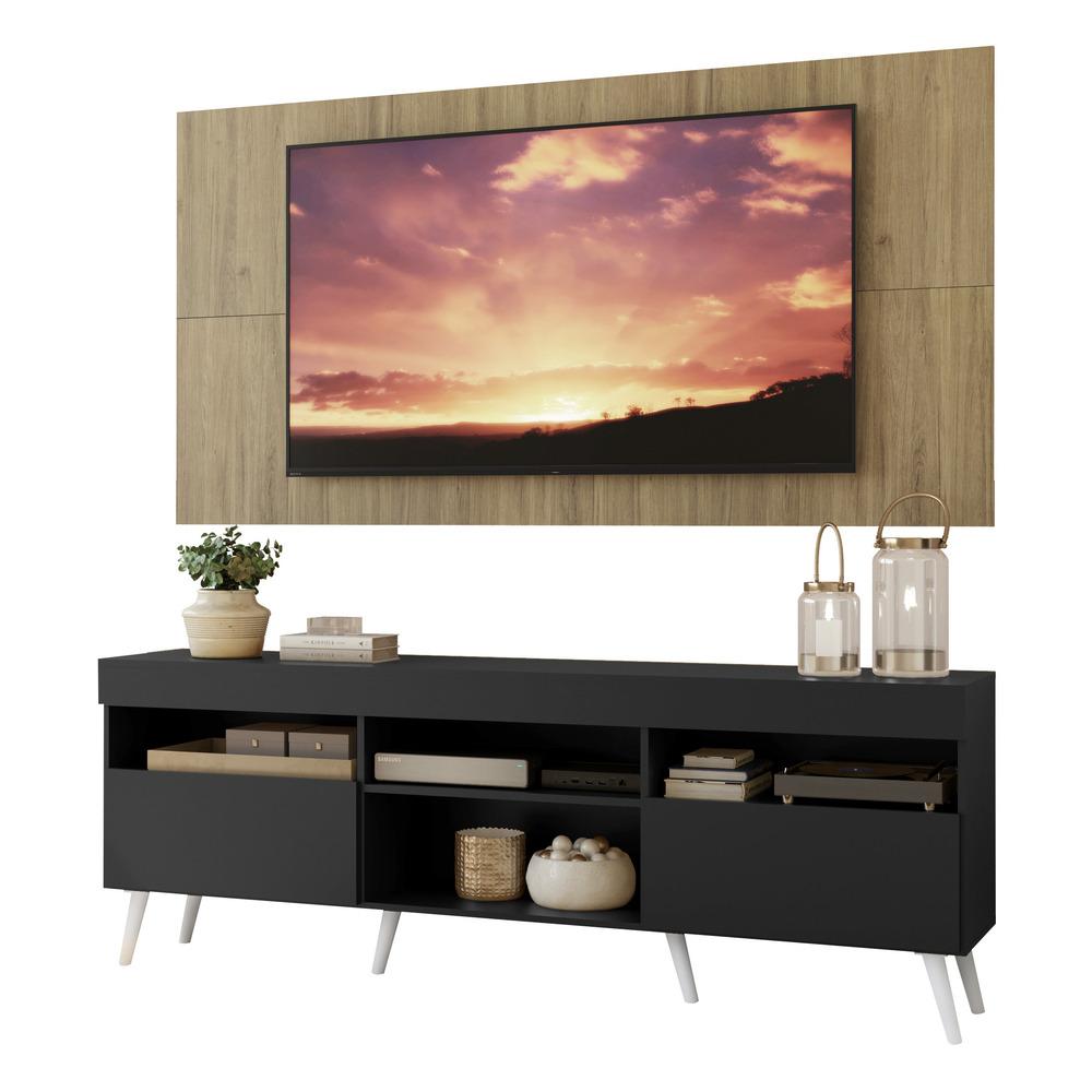 Rack com Painel TV 65" Londres Multimóveis Pés Retrô e 2 portas Preto/Rustic/Branco