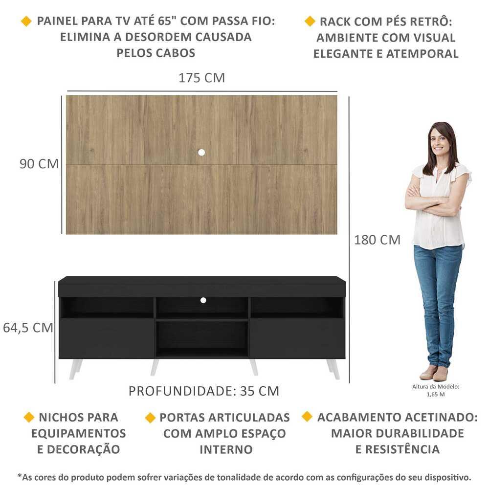 Rack com Painel TV 65" Londres Multimóveis Pés Retrô e 2 portas Preto/Rustic/Branco