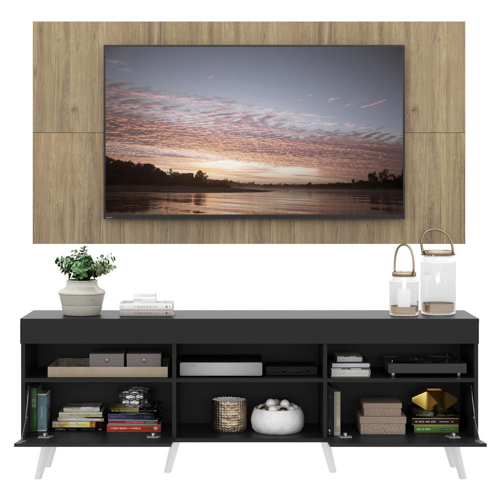Rack com Painel TV 65" Londres Multimóveis Pés Retrô e 2 portas Preto/Rustic/Branco