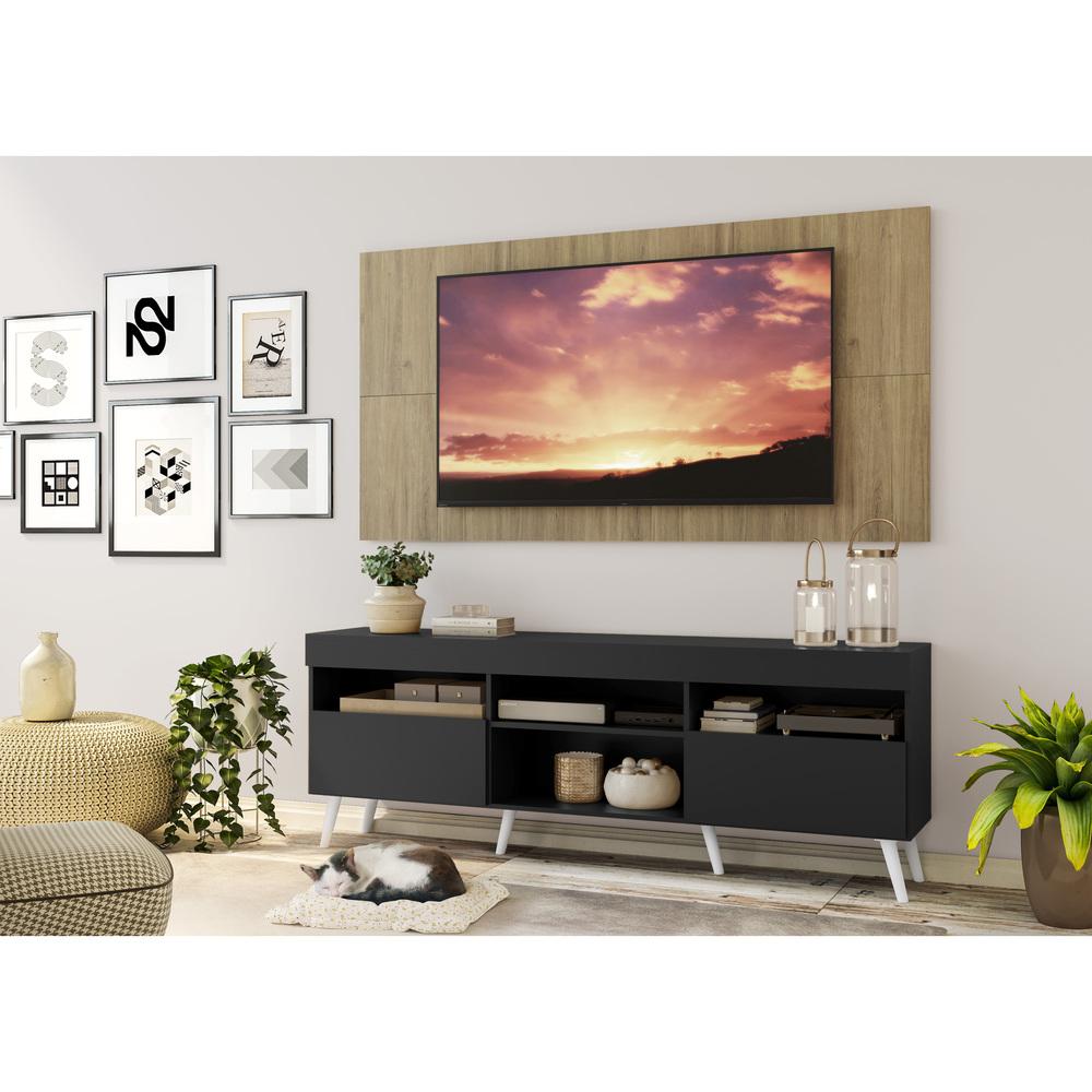 Rack com Painel TV 65" Londres Multimóveis Pés Retrô e 2 portas Preto/Rustic/Branco