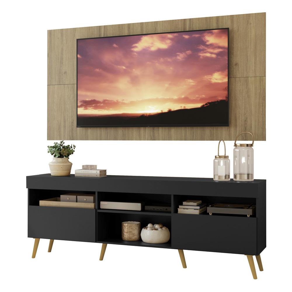 Rack com Painel TV 65" Londres Multimóveis Pés Retrô e 2 portas Preto/Rustic/Natural