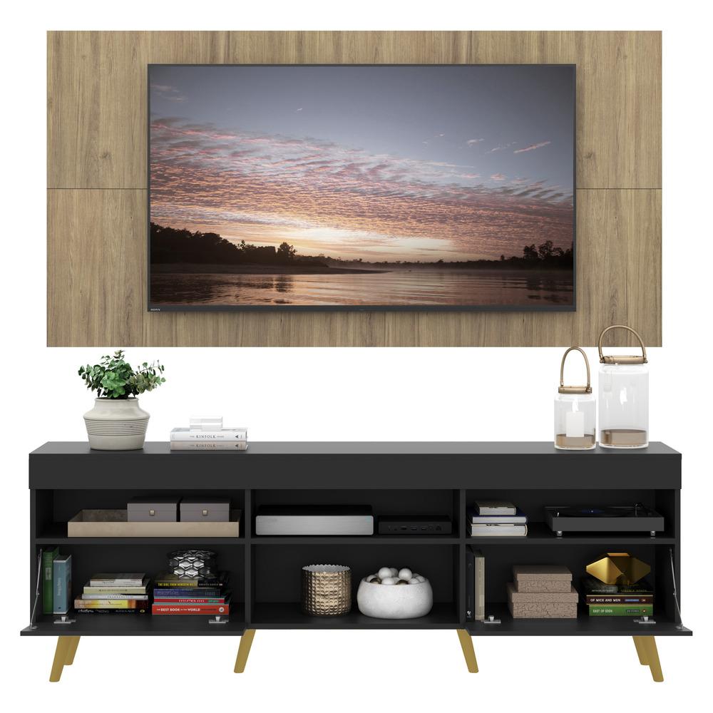 Rack com Painel TV 65" Londres Multimóveis Pés Retrô e 2 portas Preto/Rustic/Natural