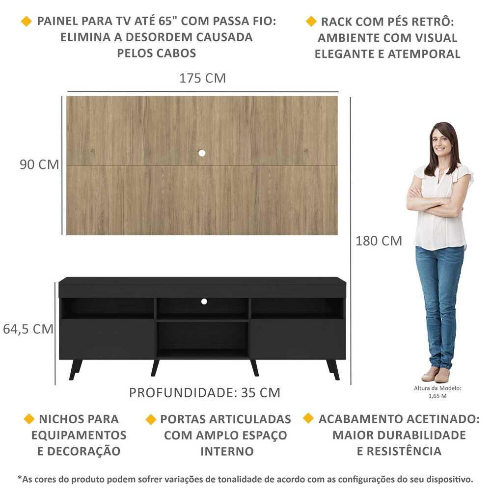 Rack com Painel TV 65" Londres Multimóveis Pés Retrô e 2 portas Preto/Rustic/Preto