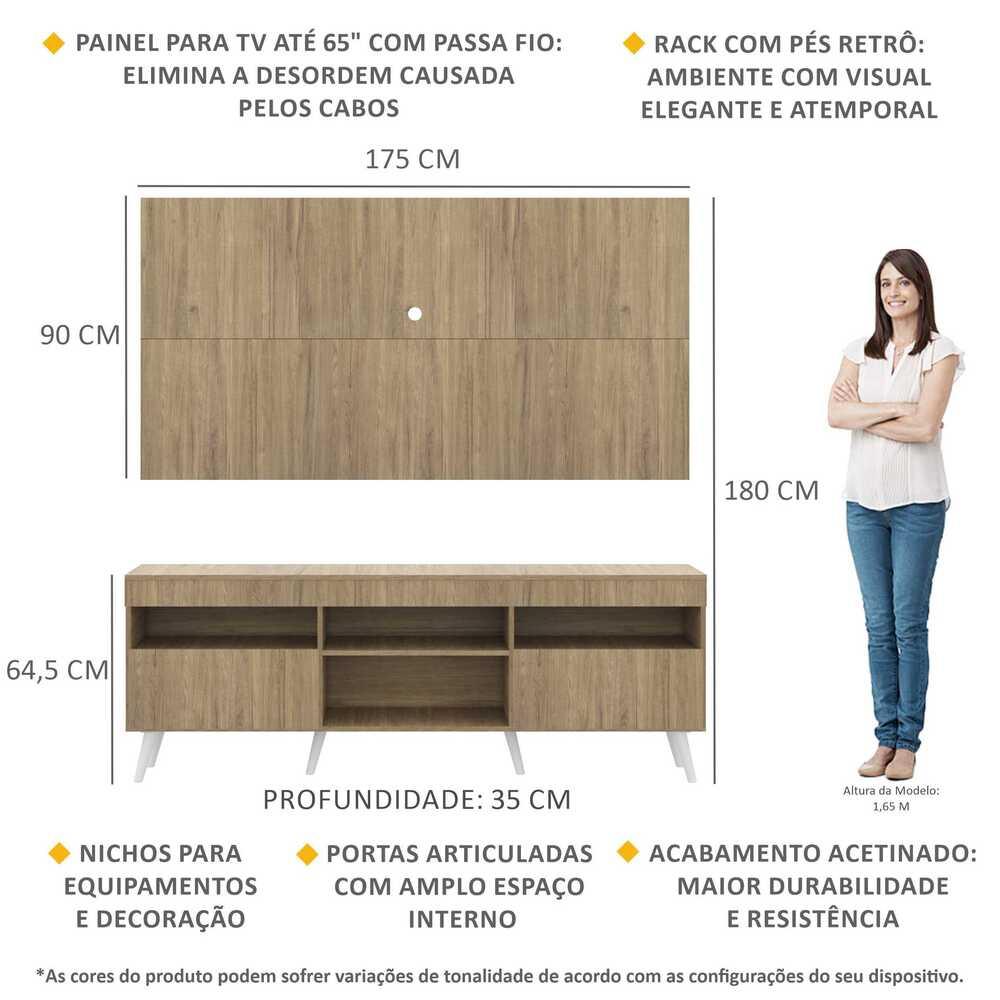 Rack com Painel TV 65" Londres Multimóveis Pés Retrô e 2 portas Rustic/Branco