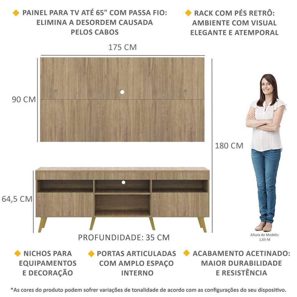 Rack com Painel TV 65" Londres Multimóveis Pés Retrô e 2 portas Rustic/Natural