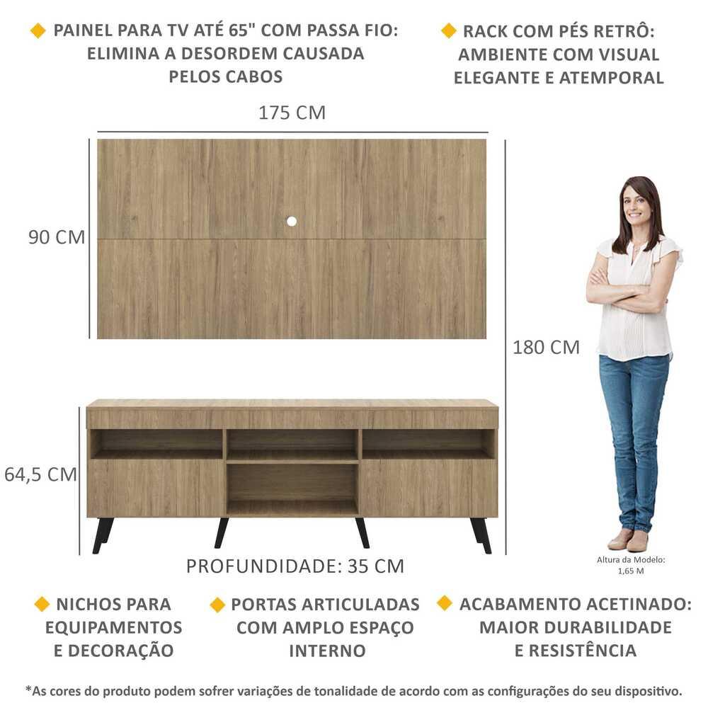 Rack com Painel TV 65" Londres Multimóveis Pés Retrô e 2 portas Rustic/Preto
