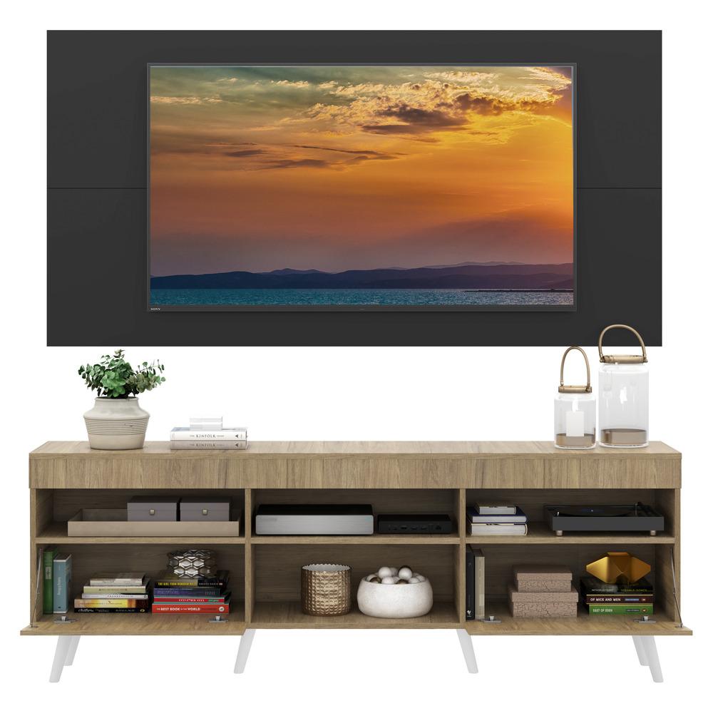 Rack com Painel TV 65" Londres Multimóveis Pés Retrô e 2 portas Rustic/Preto/Branco