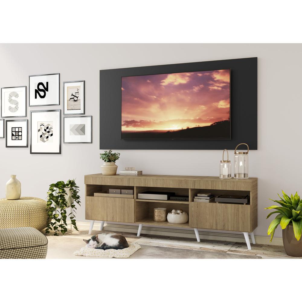 Rack com Painel TV 65" Londres Multimóveis Pés Retrô e 2 portas Rustic/Preto/Branco