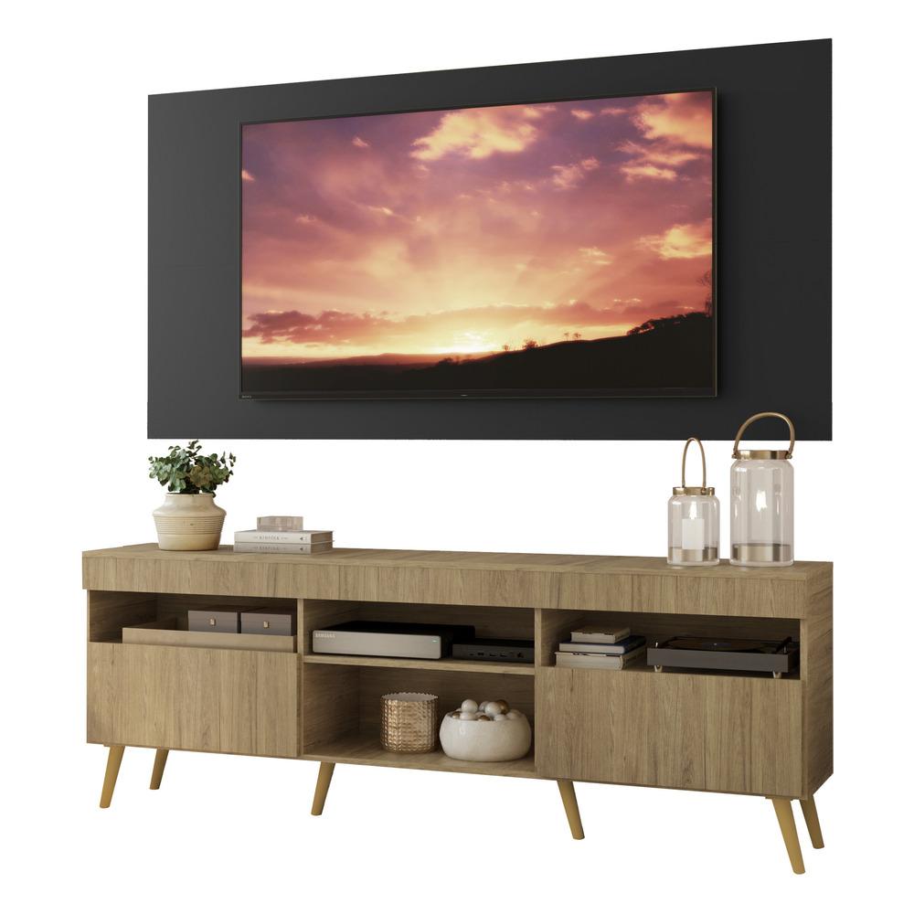 Rack com Painel TV 65" Londres Multimóveis Pés Retrô e 2 portas Rustic/Preto/Natural