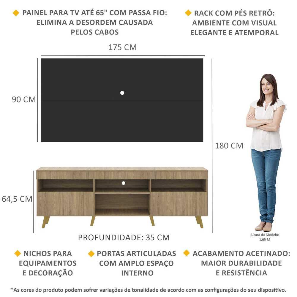 Rack com Painel TV 65" Londres Multimóveis Pés Retrô e 2 portas Rustic/Preto/Natural