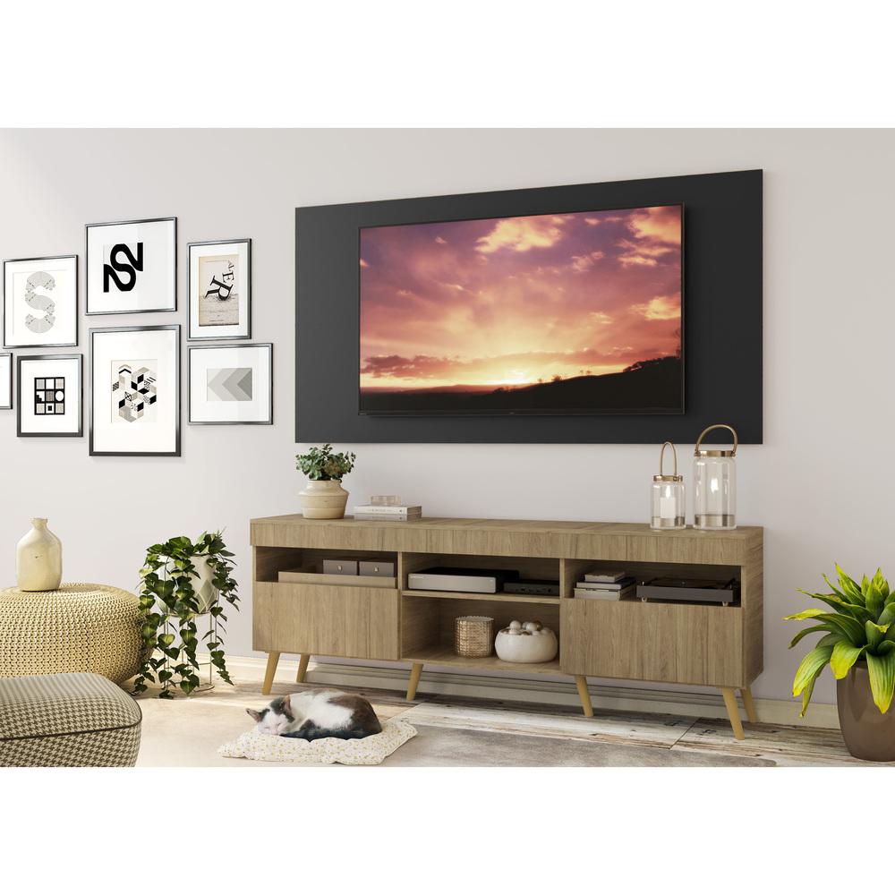 Rack com Painel TV 65" Londres Multimóveis Pés Retrô e 2 portas Rustic/Preto/Natural