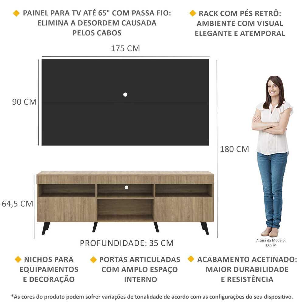 Rack com Painel TV 65" Londres Multimóveis Pés Retrô e 2 portas Rustic/Preto/Preto