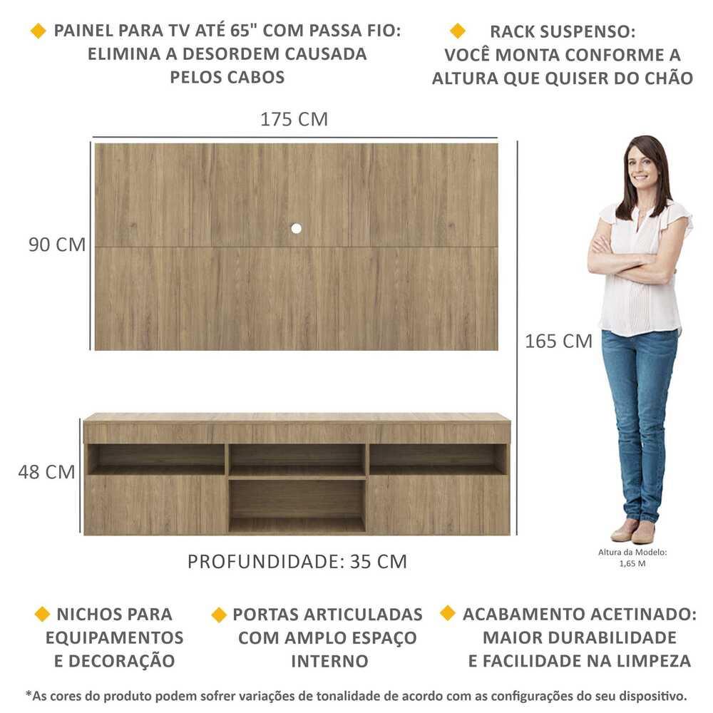 Rack com Painel TV 65" Londres Multimóveis Suspenso e 2 portas Rustic