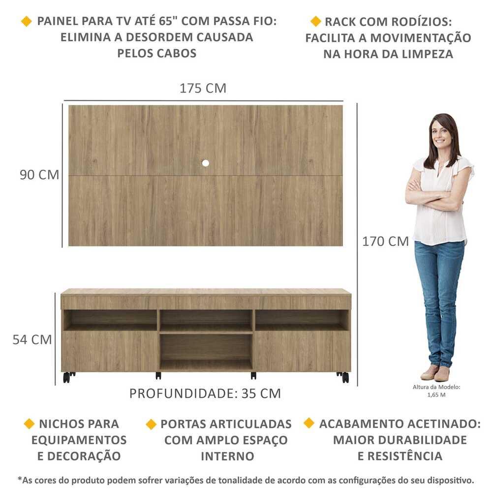 Rack com Painel TV 65" Londres Multimóveis com Rodízios e 2 portas Rustic