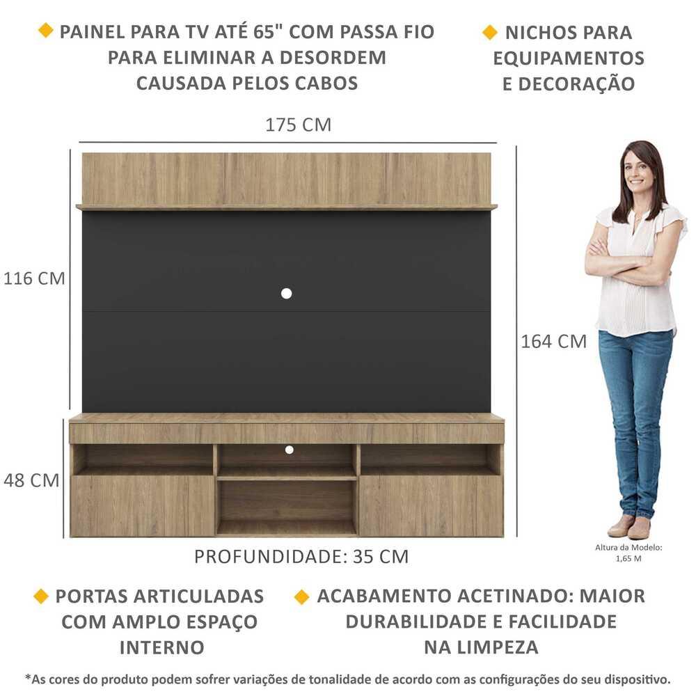 Rack com Painel TV 65" Madri Multimóveis  e Prateleira Rustic/Preto