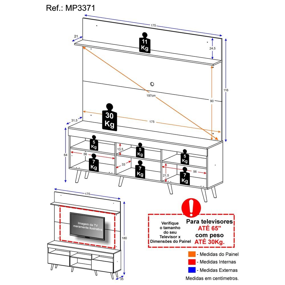Rack com Painel TV 65" Madri Multimóveis Branco/Preto com Prateleira e Pés Retrô Branco