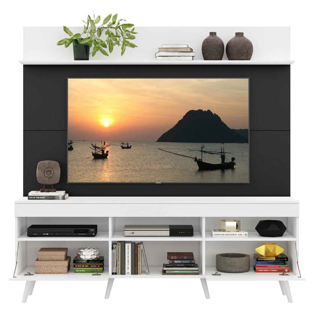 Rack com Painel TV 65" Madri Multimóveis Branco/Preto com Prateleira e Pés Retrô Branco