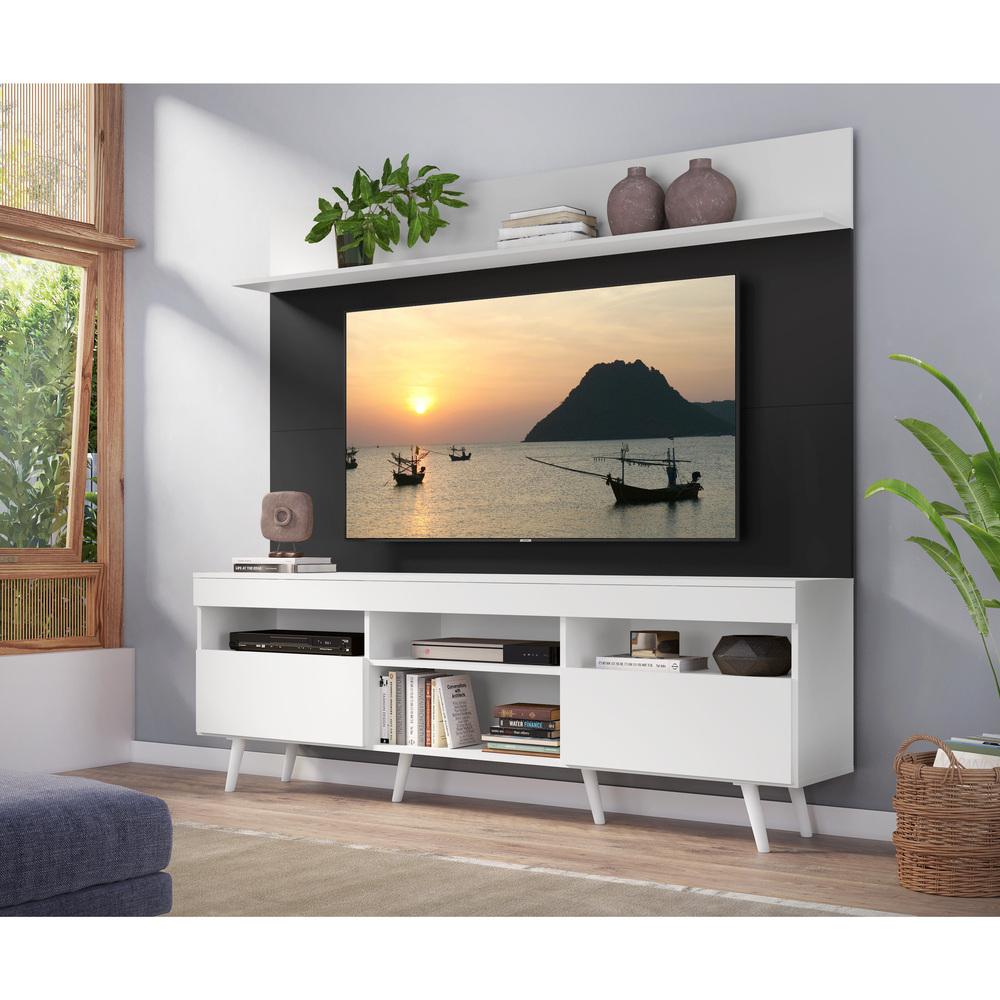 Rack com Painel TV 65" Madri Multimóveis Branco/Preto com Prateleira e Pés Retrô Branco
