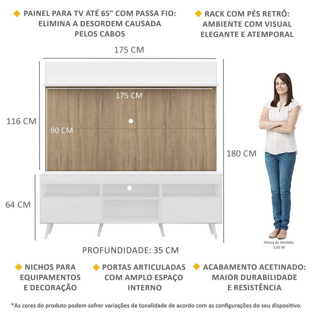 Rack com Painel TV 65" Madri Multimóveis Branco/Rustic com Prateleira e Pés Retrô Branco