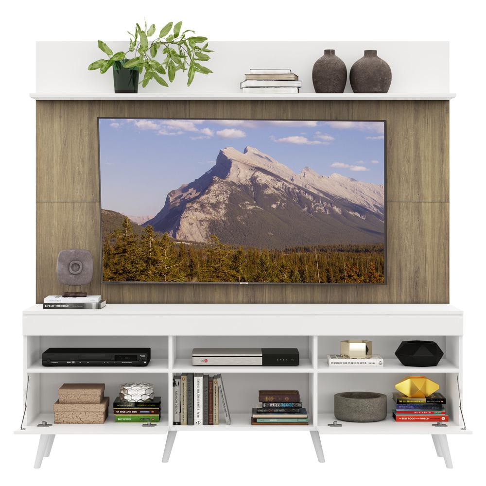 Rack com Painel TV 65" Madri Multimóveis Branco/Rustic com Prateleira e Pés Retrô Branco