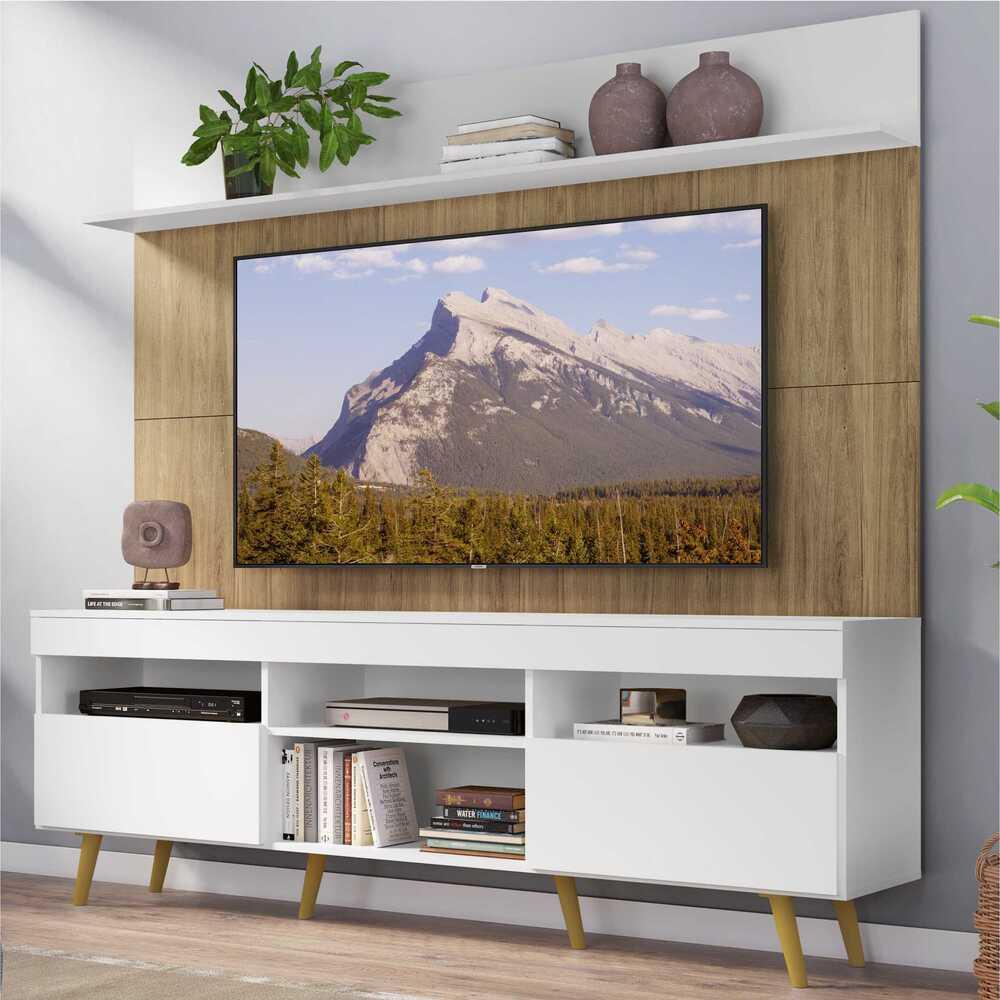 Rack com Painel TV 65" Madri Multimóveis Branco/Rustic com Prateleira e Pés Retrô Natural