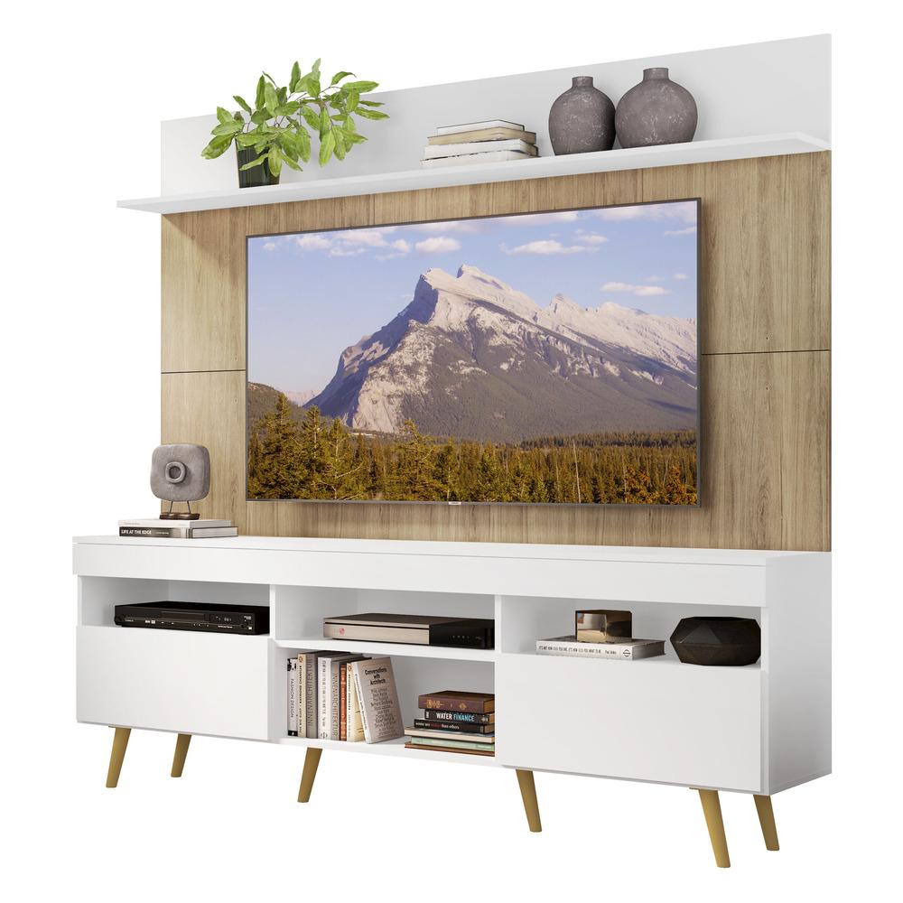 Rack com Painel TV 65" Madri Multimóveis Branco/Rustic com Prateleira e Pés Retrô Natural
