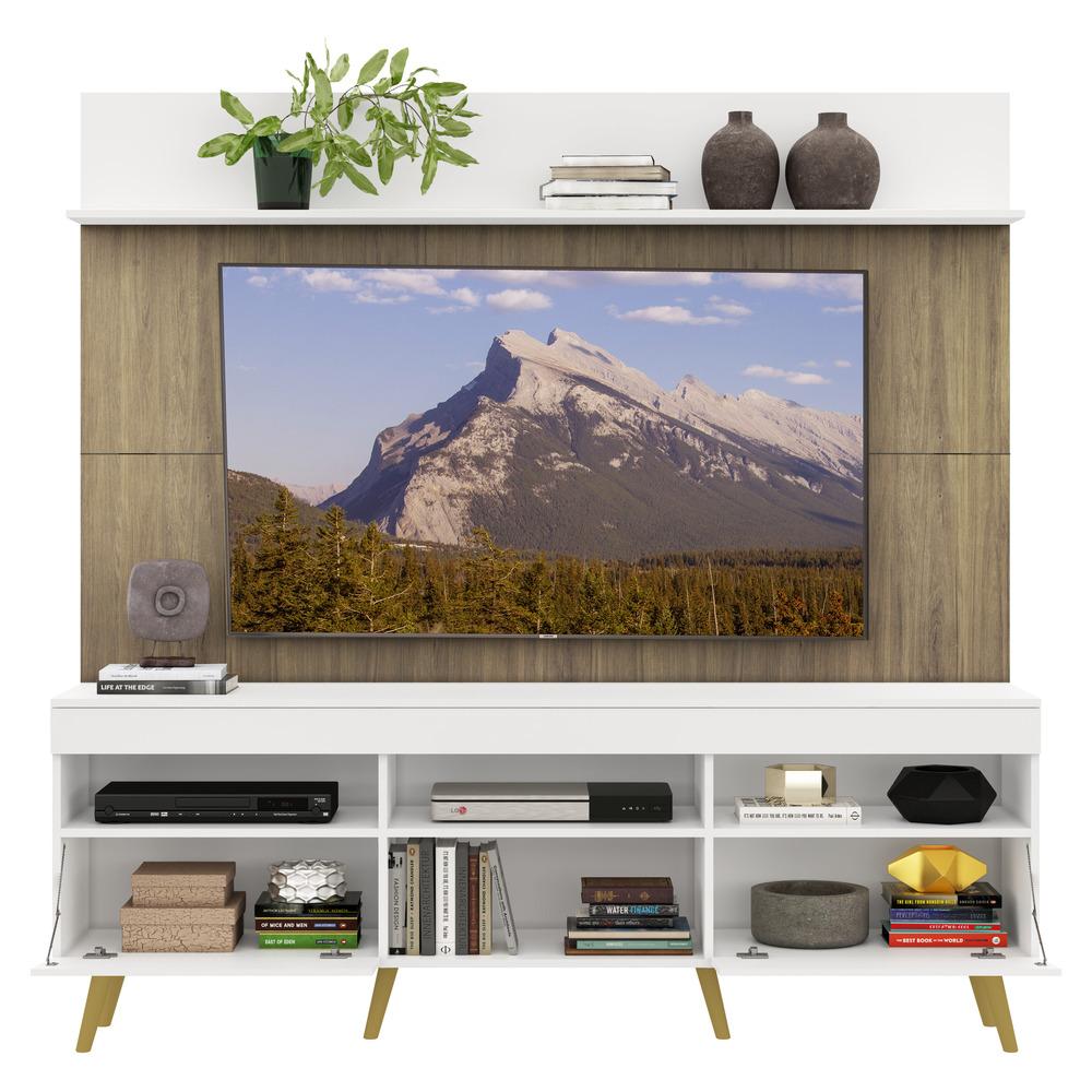 Rack com Painel TV 65" Madri Multimóveis Branco/Rustic com Prateleira e Pés Retrô Natural