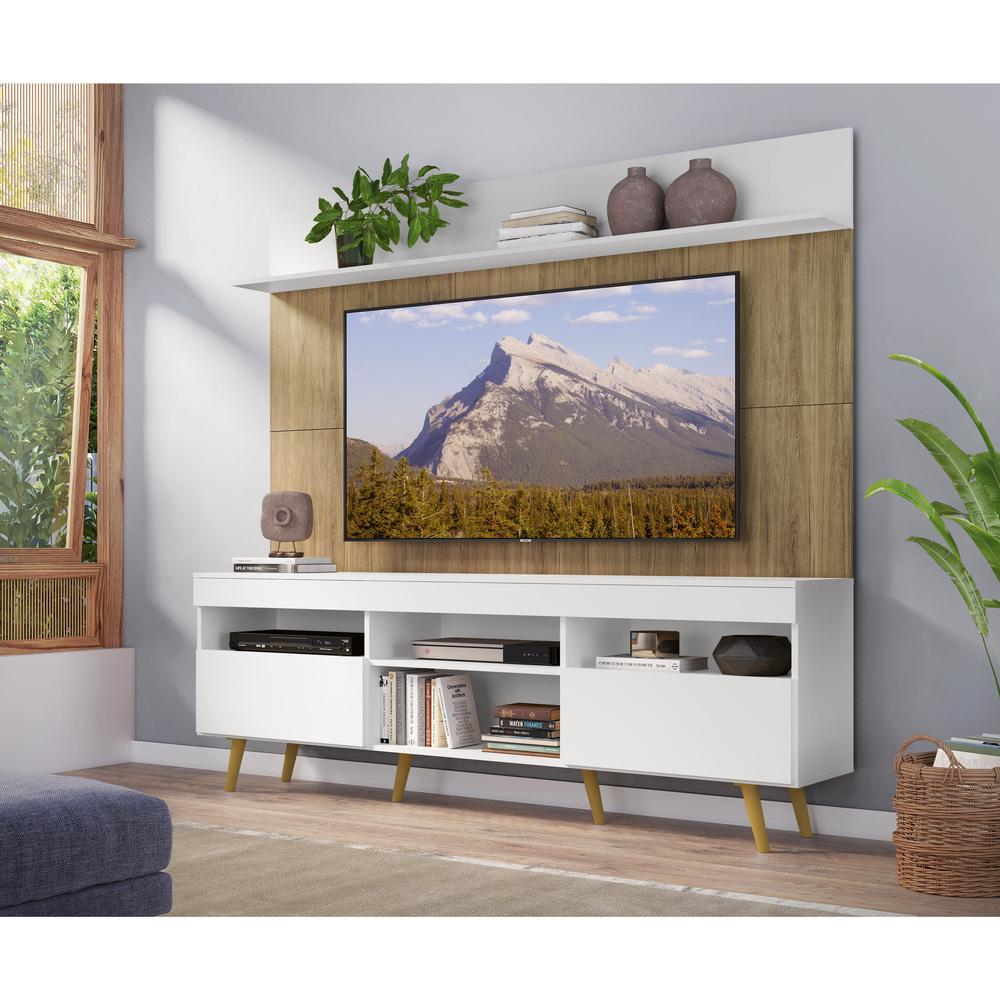 Rack com Painel TV 65" Madri Multimóveis Branco/Rustic com Prateleira e Pés Retrô Natural