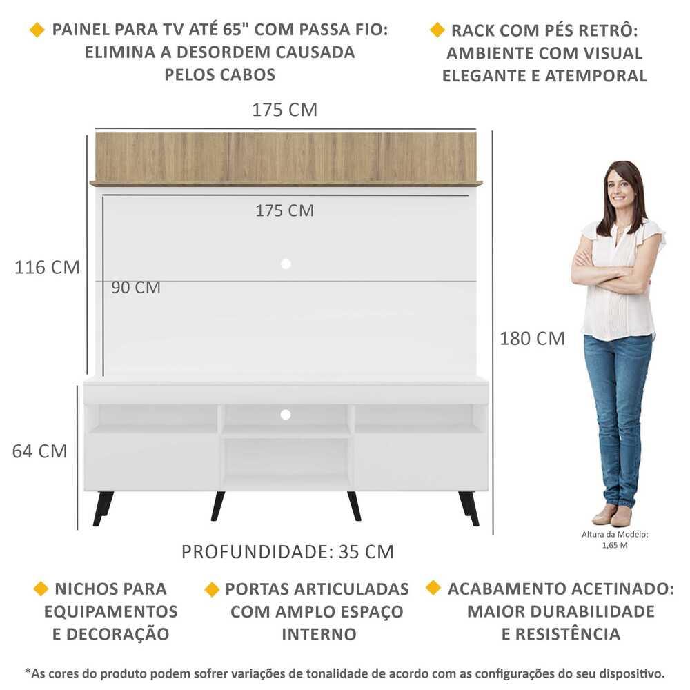 Rack com Painel TV 65" Madri Multimóveis Branco/Rustic com Prateleira e Pés Retrô Preto