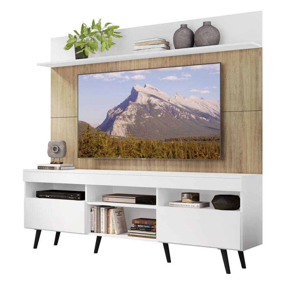 Rack com Painel TV 65" Madri Multimóveis Branco/Rustic com Prateleira e Pés Retrô Preto