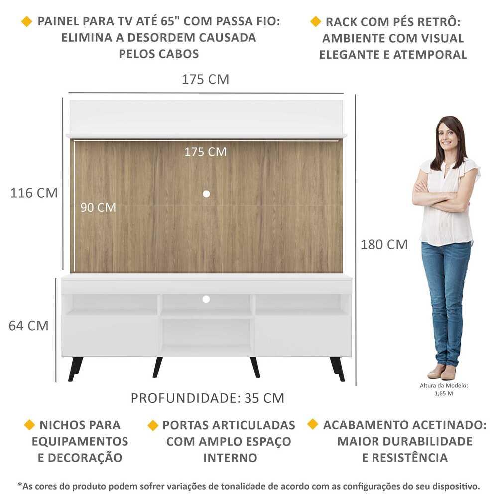 Rack com Painel TV 65" Madri Multimóveis Branco/Rustic com Prateleira e Pés Retrô Preto