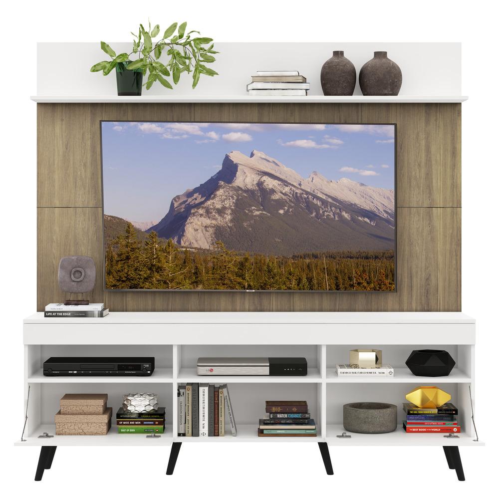 Rack com Painel TV 65" Madri Multimóveis Branco/Rustic com Prateleira e Pés Retrô Preto