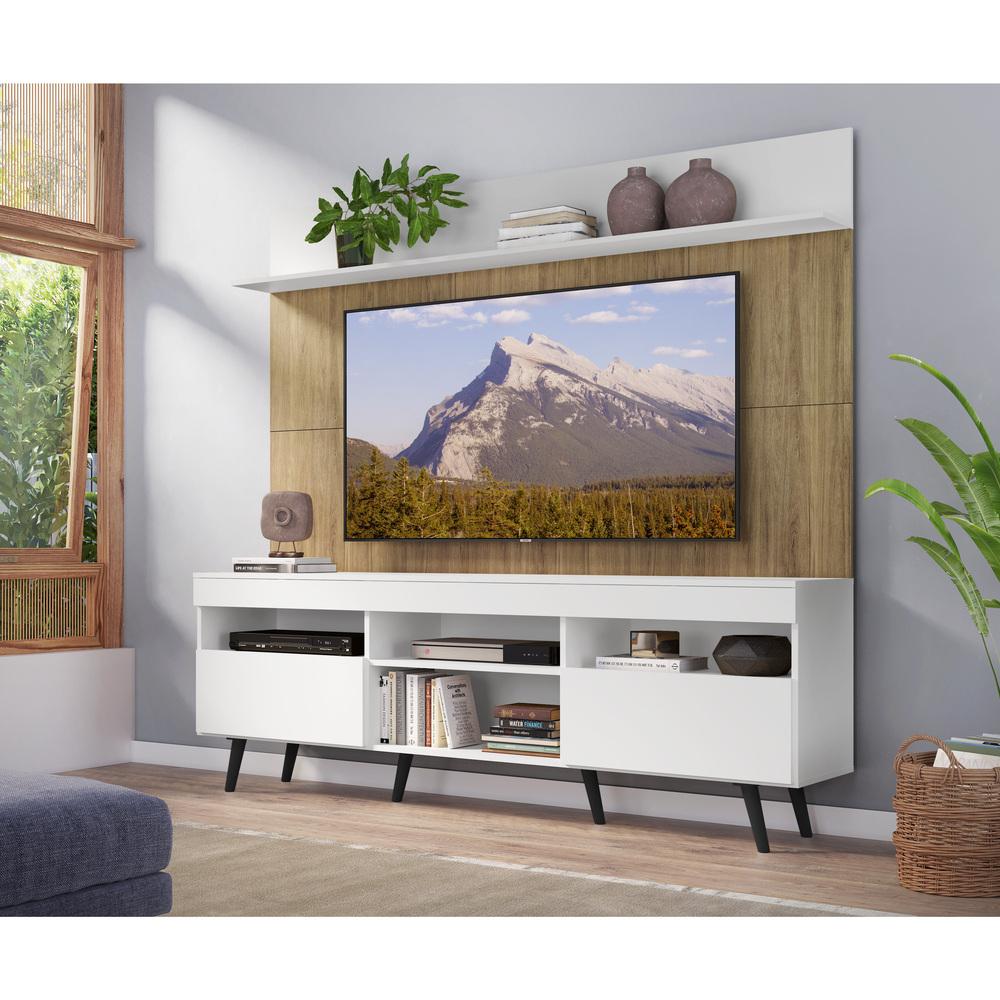 Rack com Painel TV 65" Madri Multimóveis Branco/Rustic com Prateleira e Pés Retrô Preto