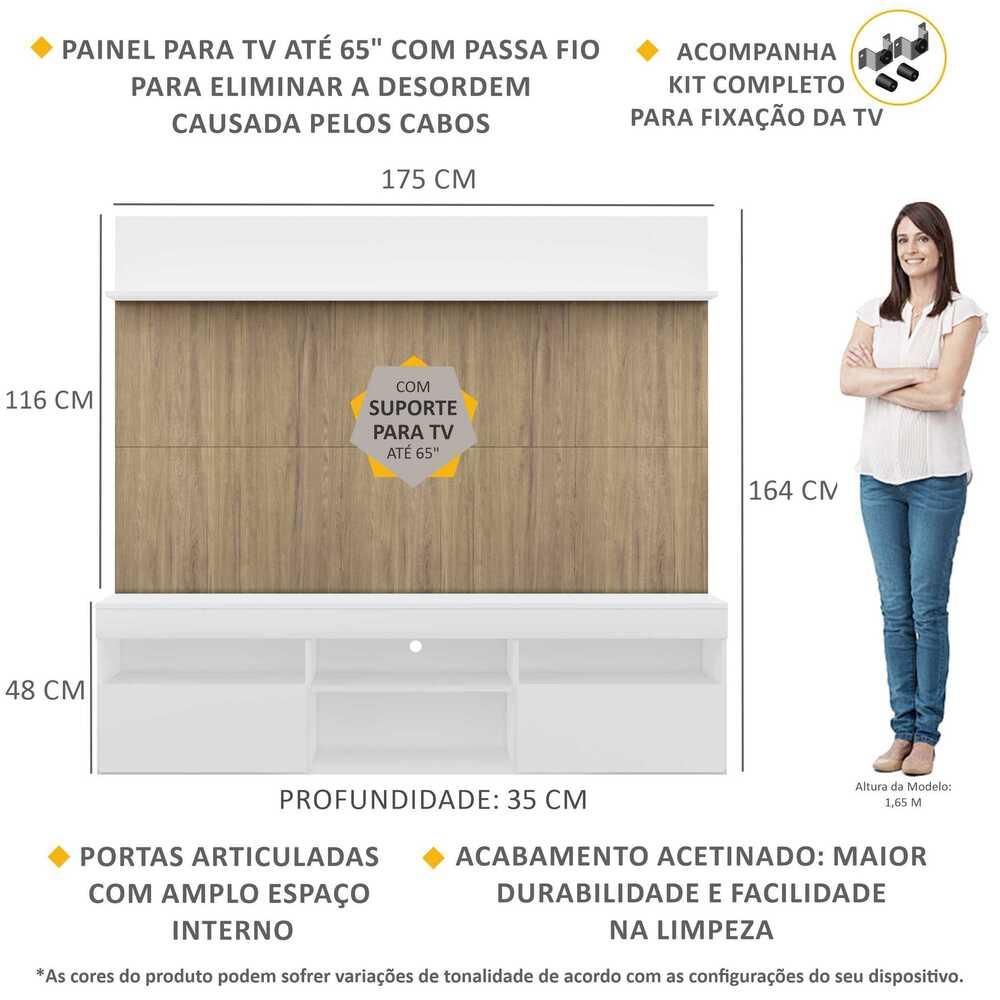 Rack com Painel TV 65" Madri Multimóveis Branco/Rustic com Suporte e Prateleira Branca