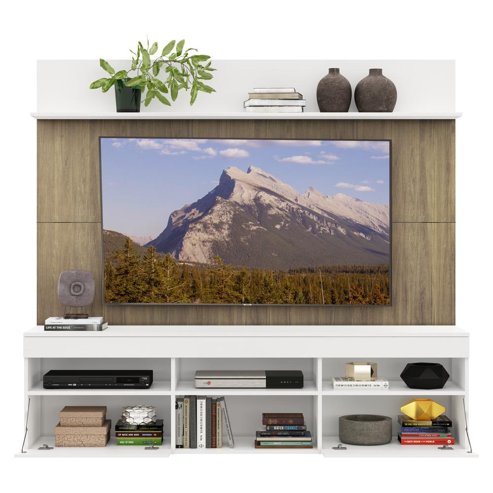 Rack com Painel TV 65" Madri Multimóveis Branco/Rustic com Suporte e Prateleira Branca