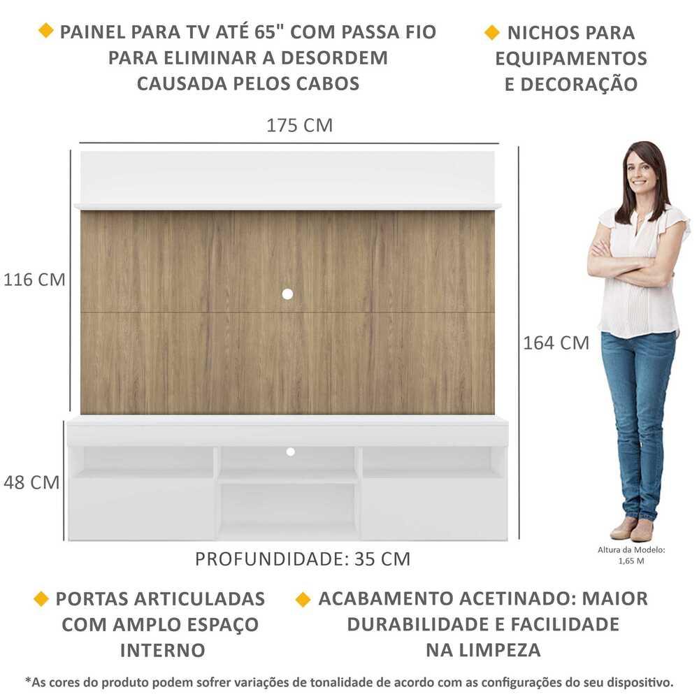 Rack com Painel TV 65" Madri Multimóveis Branco/Rustic e Prateleira Branca