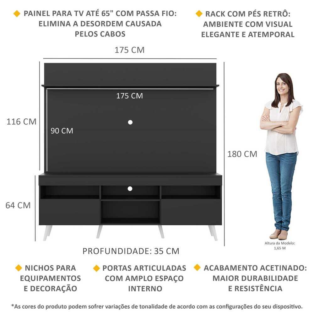 Rack com Painel TV 65" Madri Multimóveis Pés Retrô e Prateleira  Preto/Branco
