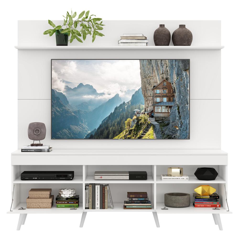 Rack com Painel TV 65" Madri Multimóveis Pés Retrô e Prateleira Branco