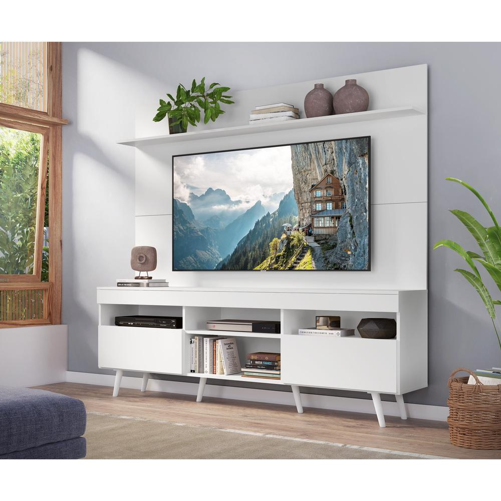 Rack com Painel TV 65" Madri Multimóveis Pés Retrô e Prateleira Branco