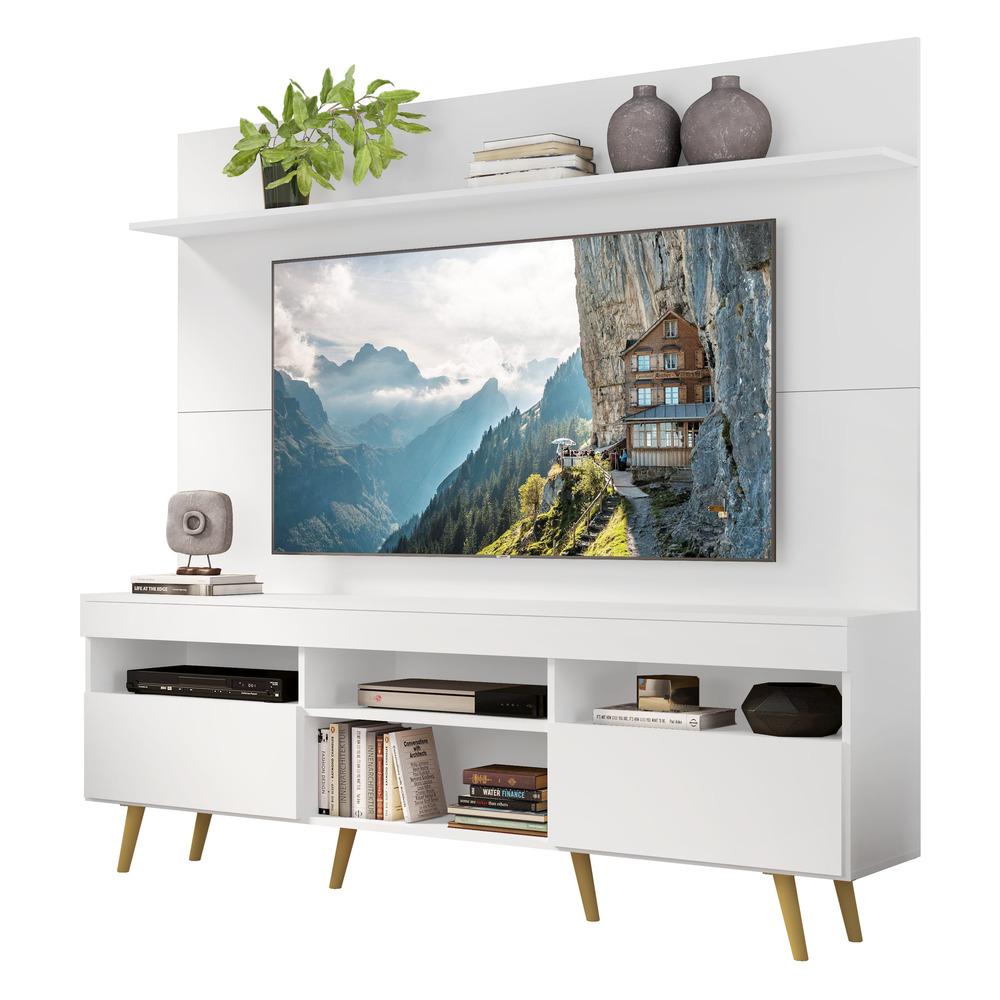 Rack com Painel TV 65" Madri Multimóveis Pés Retrô e Prateleira Branco/Natural