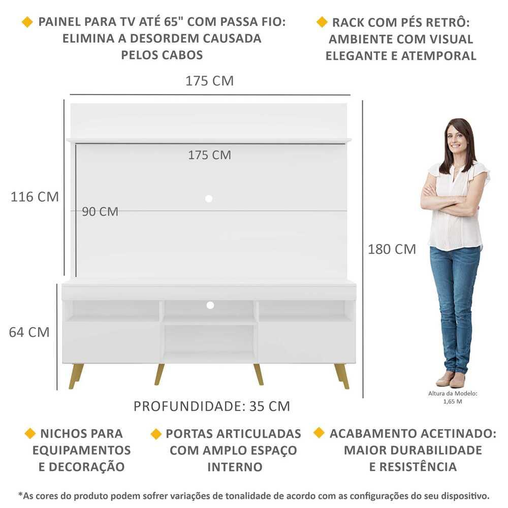 Rack com Painel TV 65" Madri Multimóveis Pés Retrô e Prateleira Branco/Natural