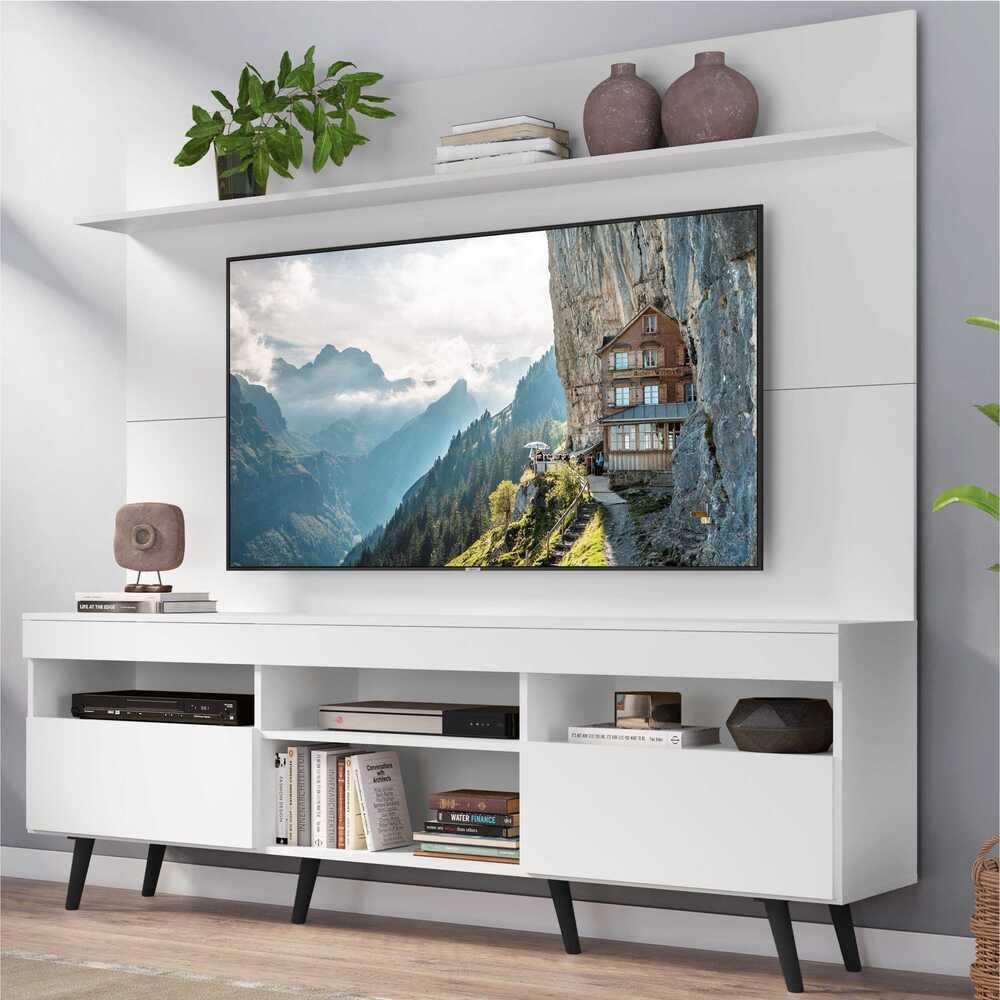 Rack com Painel TV 65" Madri Multimóveis Pés Retrô e Prateleira Branco/Preto