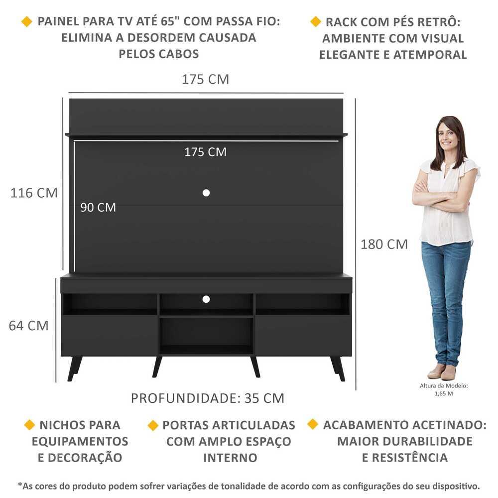 Rack com Painel TV 65" Madri Multimóveis Pés Retrô e Prateleira Preto